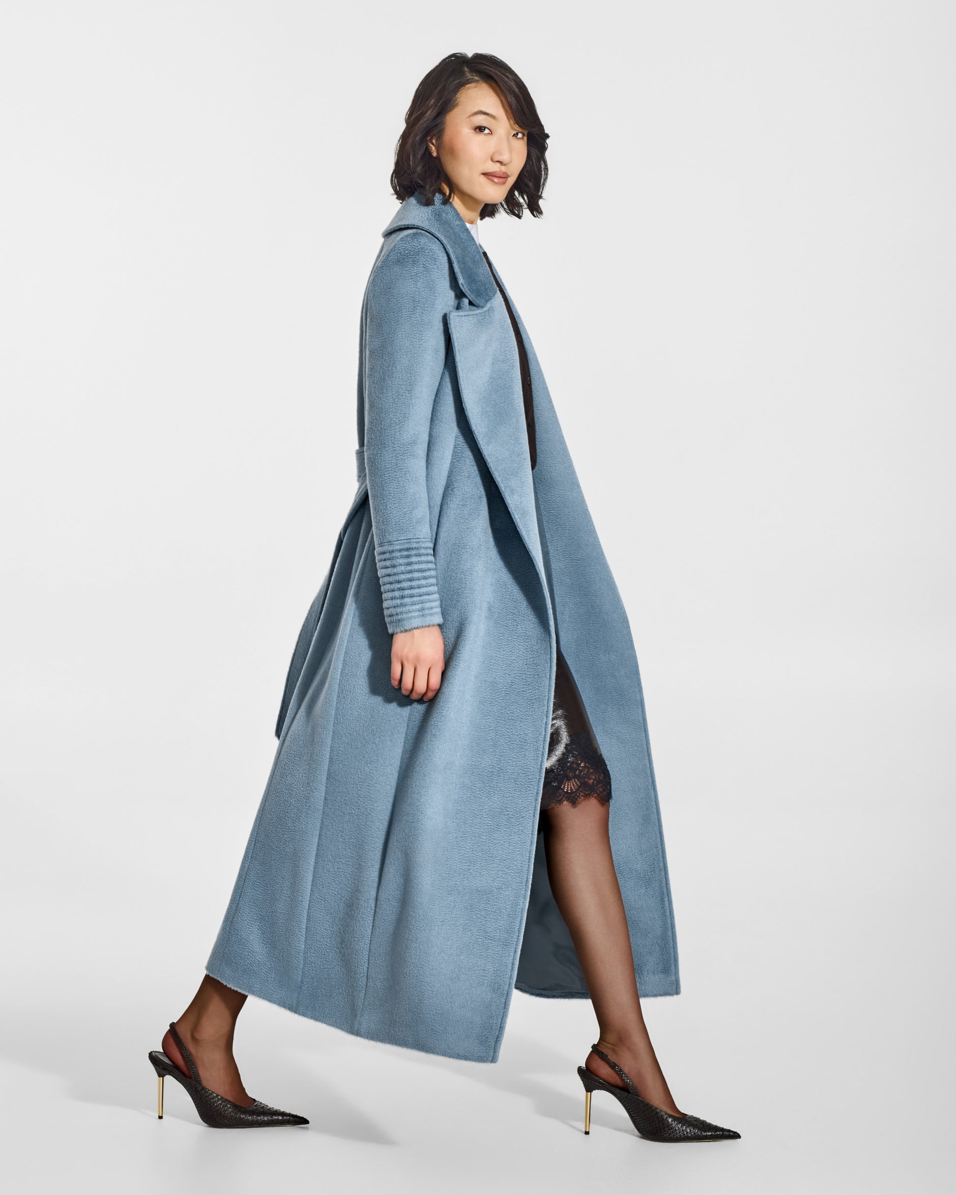 SENTALER Maxi Notched Collar Wrap Coat in Steel Blue, Suri Alpaca. Worn by a female model, side view, open.