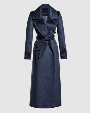 Sentaler deep navy maxi coat made of suri alpaca wool with a notched collar, belted.