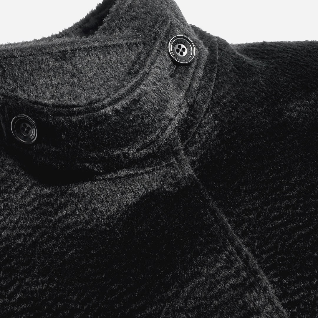SENTALER Stand Collar Aviator Jacket in Black, Suri Alpaca. Flat lay, close-up of garment.