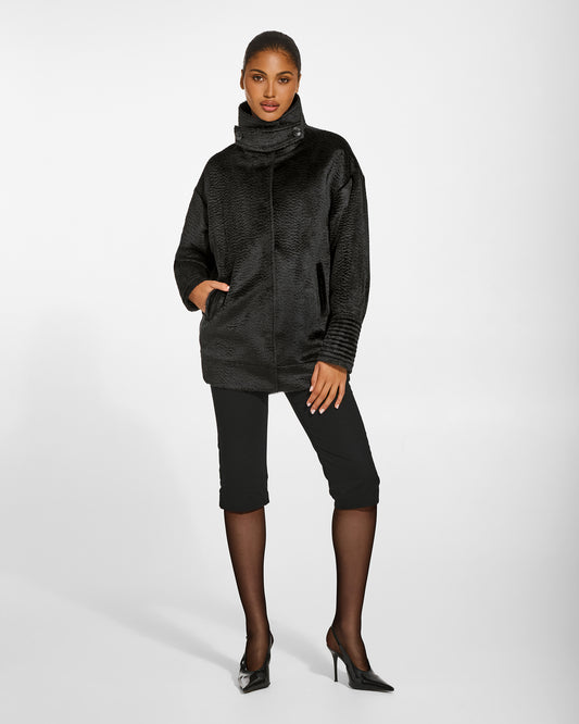 SENTALER Stand Collar Aviator Jacket in Black, Suri Alpaca. Worn by a female model, front view, buttoned.