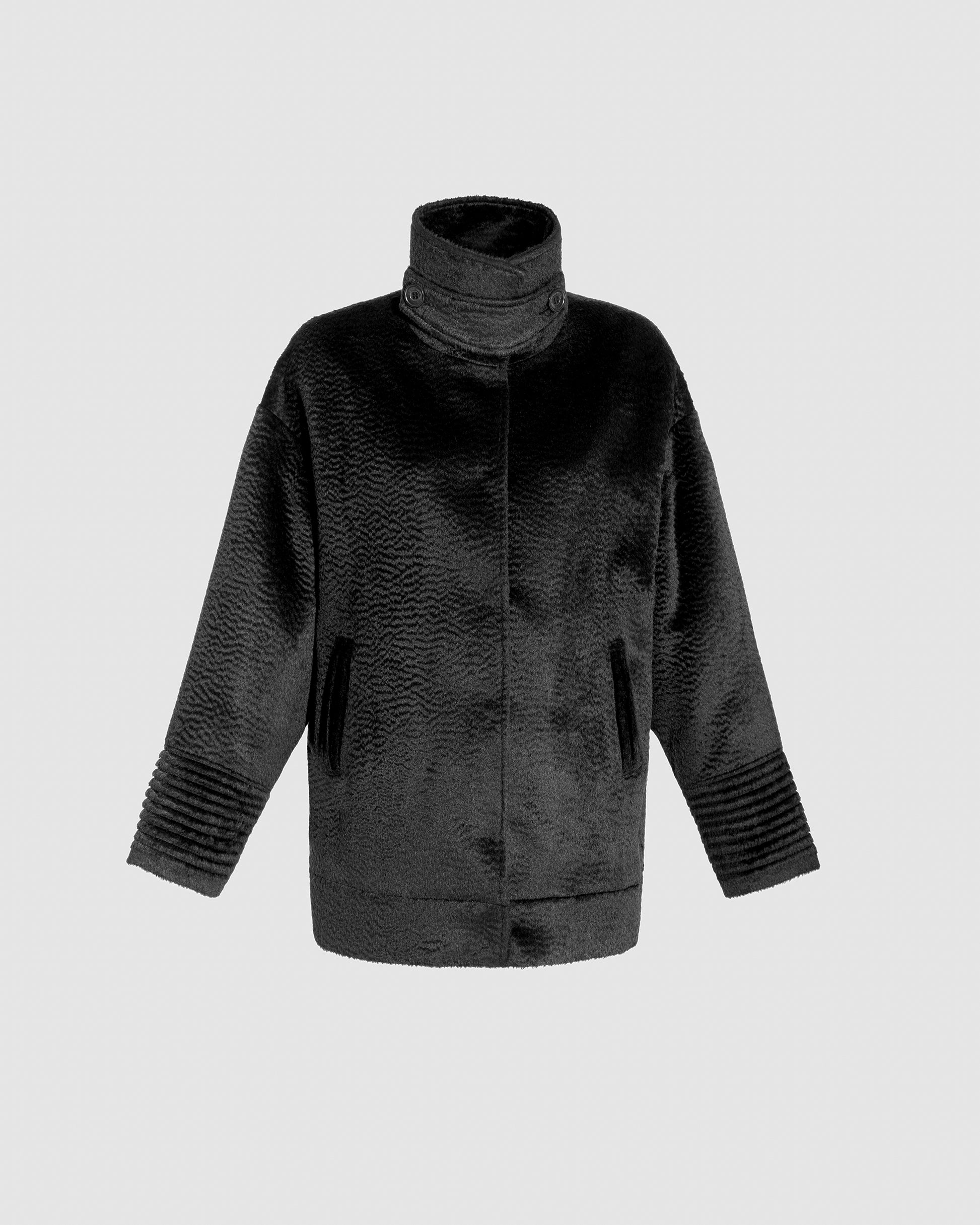 SENTALER Stand Collar Aviator Jacket in Black, Suri Alpaca. Off-figure, belted.
