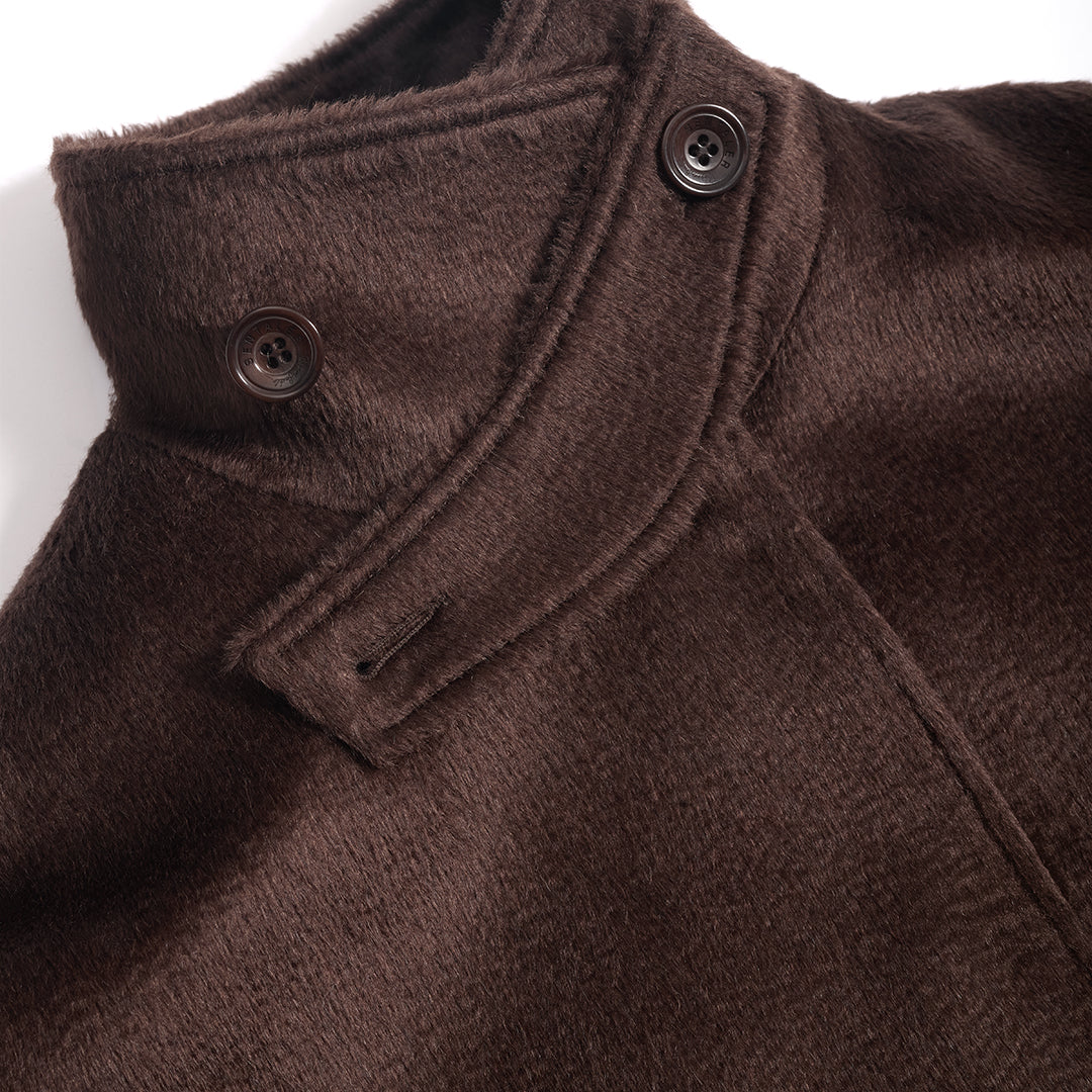 SENTALER Stand Collar Aviator Jacket in Chocolate Brown, Suri Alpaca. Flat lay, close-up of garment.