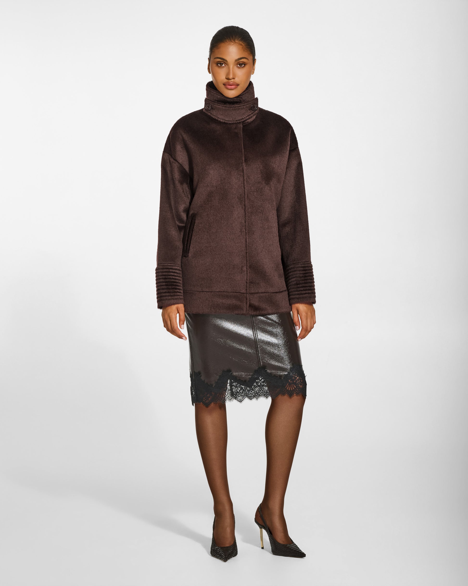 SENTALER Stand Collar Aviator Jacket in Chocolate Brown, Suri Alpaca. Worn by a female model, front view, buttoned.