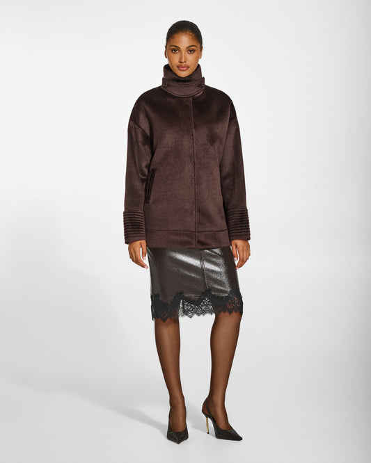 SENTALER Stand Collar Aviator Jacket in Chocolate Brown, Suri Alpaca. Worn by a female model, front view, buttoned.
