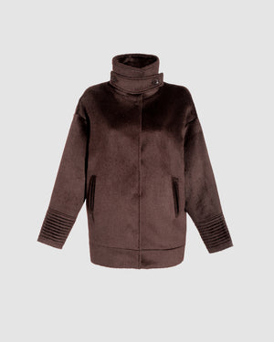 SENTALER Stand Collar Aviator Jacket in Chocolate Brown, Suri Alpaca. Off-figure, belted.