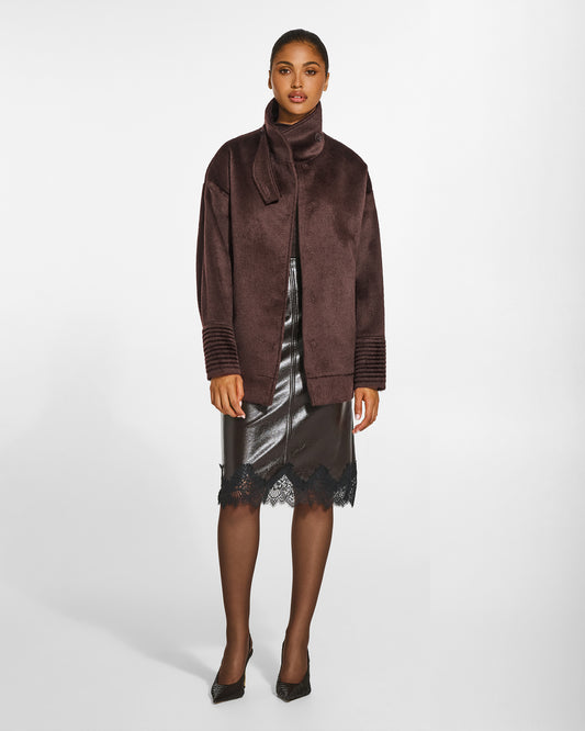 SENTALER Stand Collar Aviator Jacket in Chocolate Brown, Suri Alpaca. Worn by a female model, front view, open.