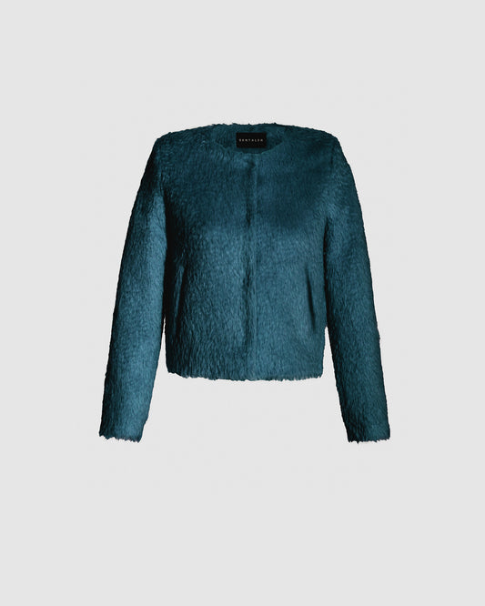 Sentaler moto emerald green jacket made of textured suri alpaca wool, buttoned.