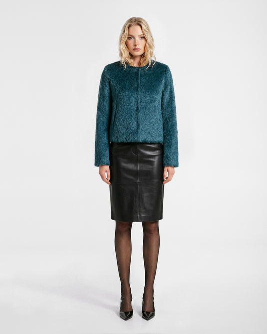 Textured Suri Alpaca Collarless Moto Jacket