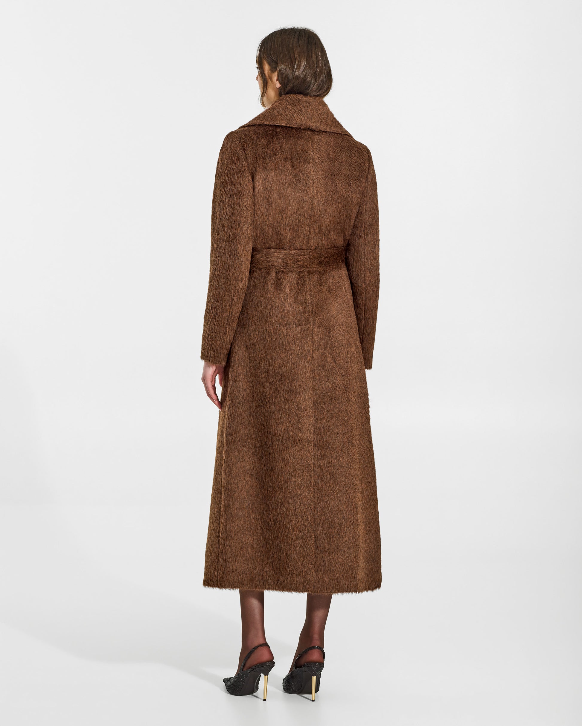 SENTALER Maxi Shawl Collar Wrap Coat in Chestnut, Textured Suri Alpaca. Worn by a female model, back view, belted.