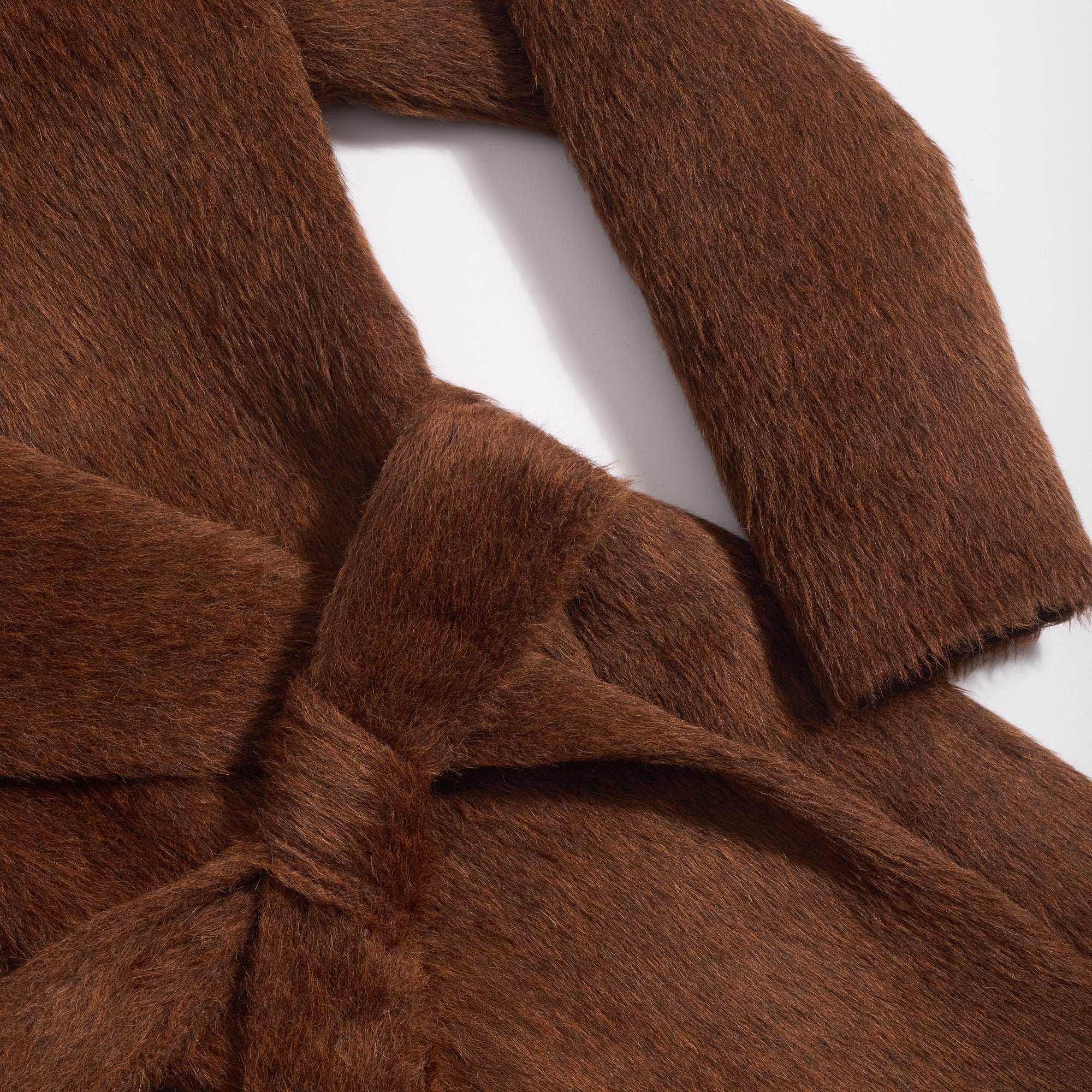 SENTALER Maxi Shawl Collar Wrap Coat in Chestnut, Textured Suri Alpaca. Flat lay, full garment, belted.