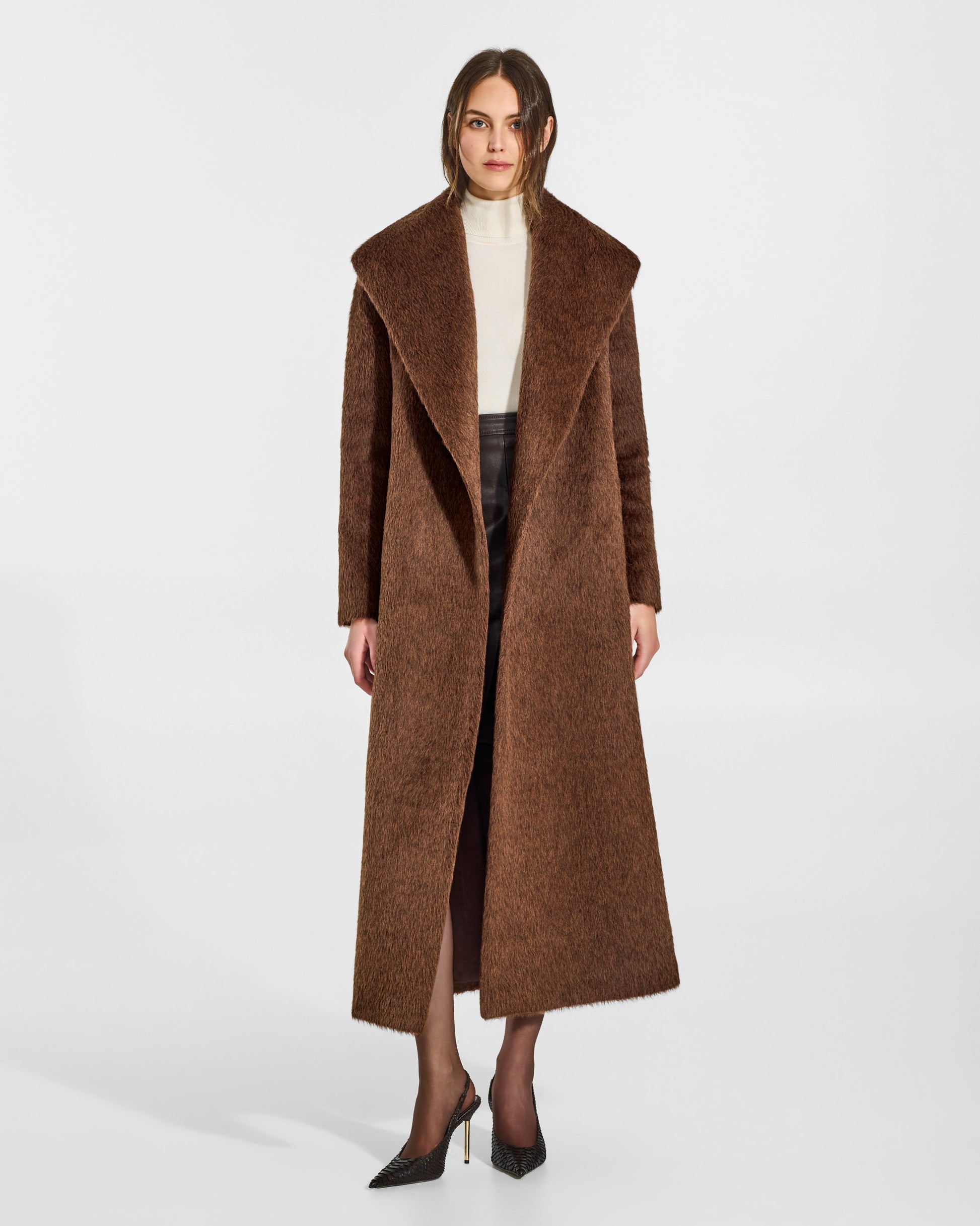 SENTALER Maxi Shawl Collar Wrap Coat in Chestnut, Textured Suri Alpaca. Worn by a female model, front view, open.