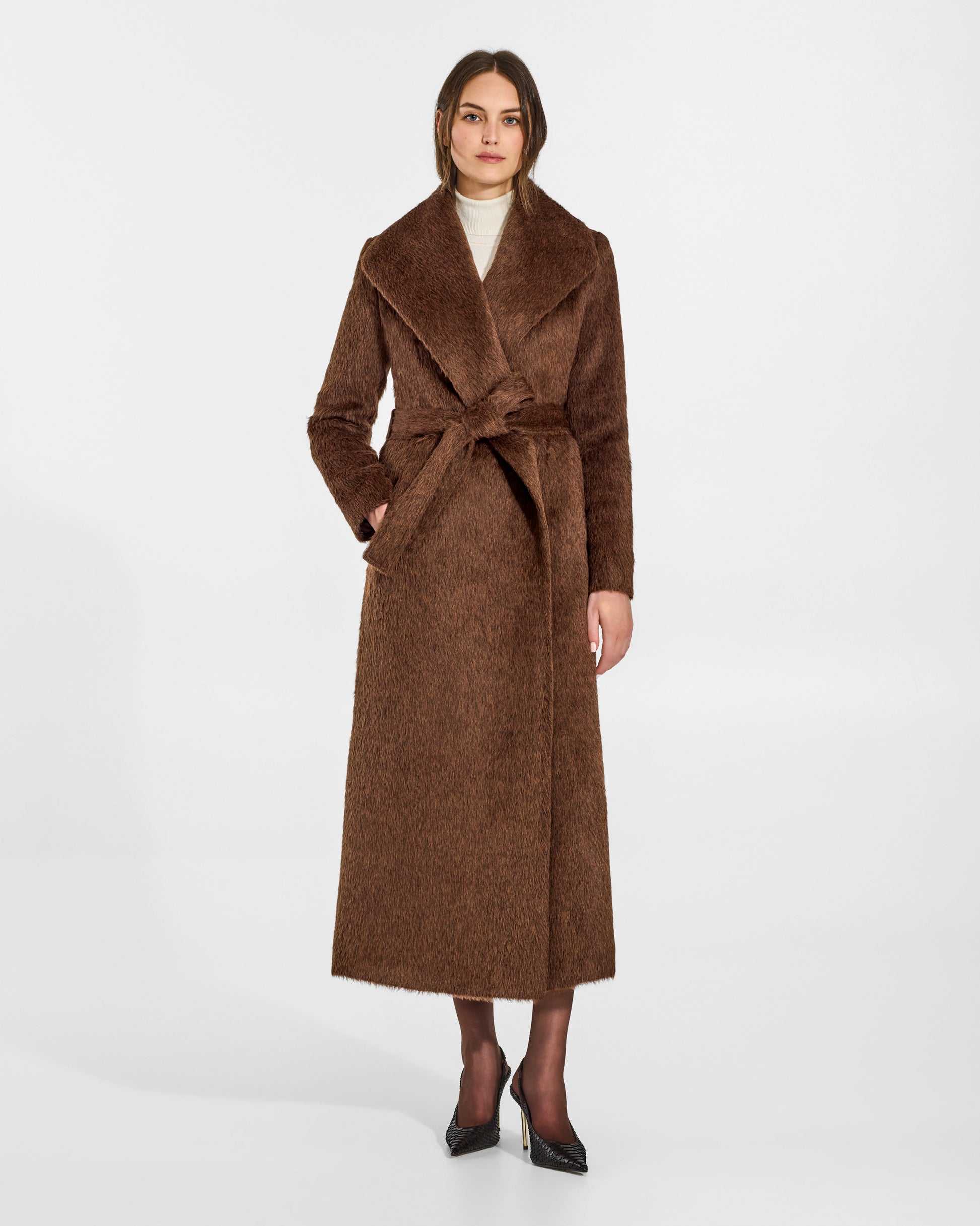 SENTALER Maxi Shawl Collar Wrap Coat in Chestnut, Textured Suri Alpaca. Worn by a female model, front view, belted.