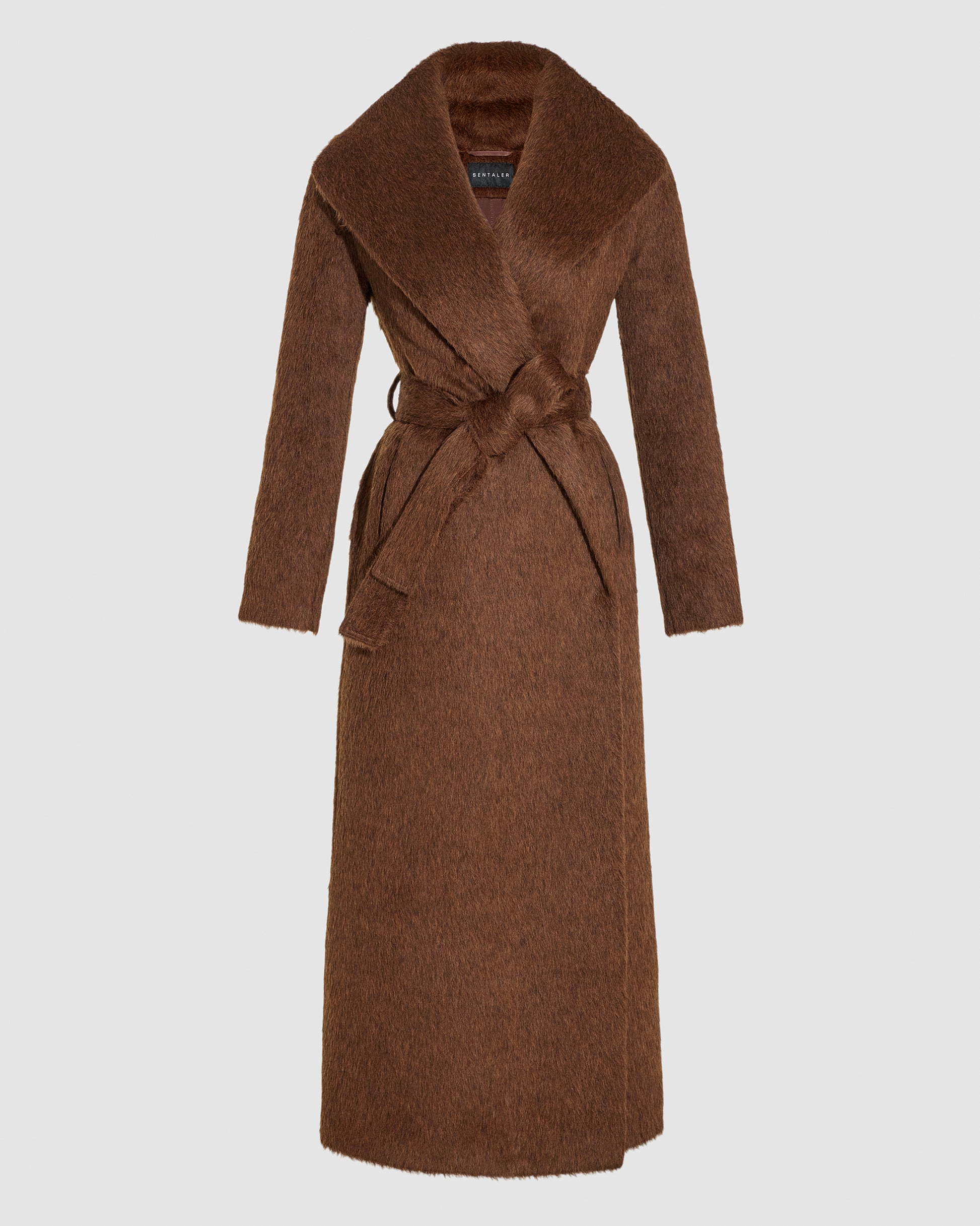 SENTALER Maxi Shawl Collar Wrap Coat in Chestnut, Textured Suri Alpaca. Off-figure, belted.