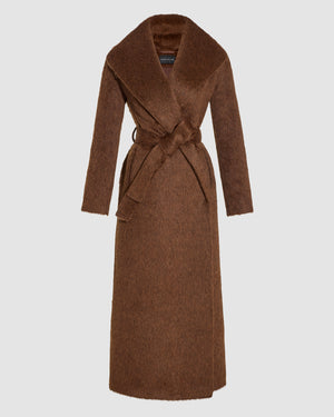 SENTALER Maxi Shawl Collar Wrap Coat in Chestnut, Textured Suri Alpaca. Off-figure, belted.
