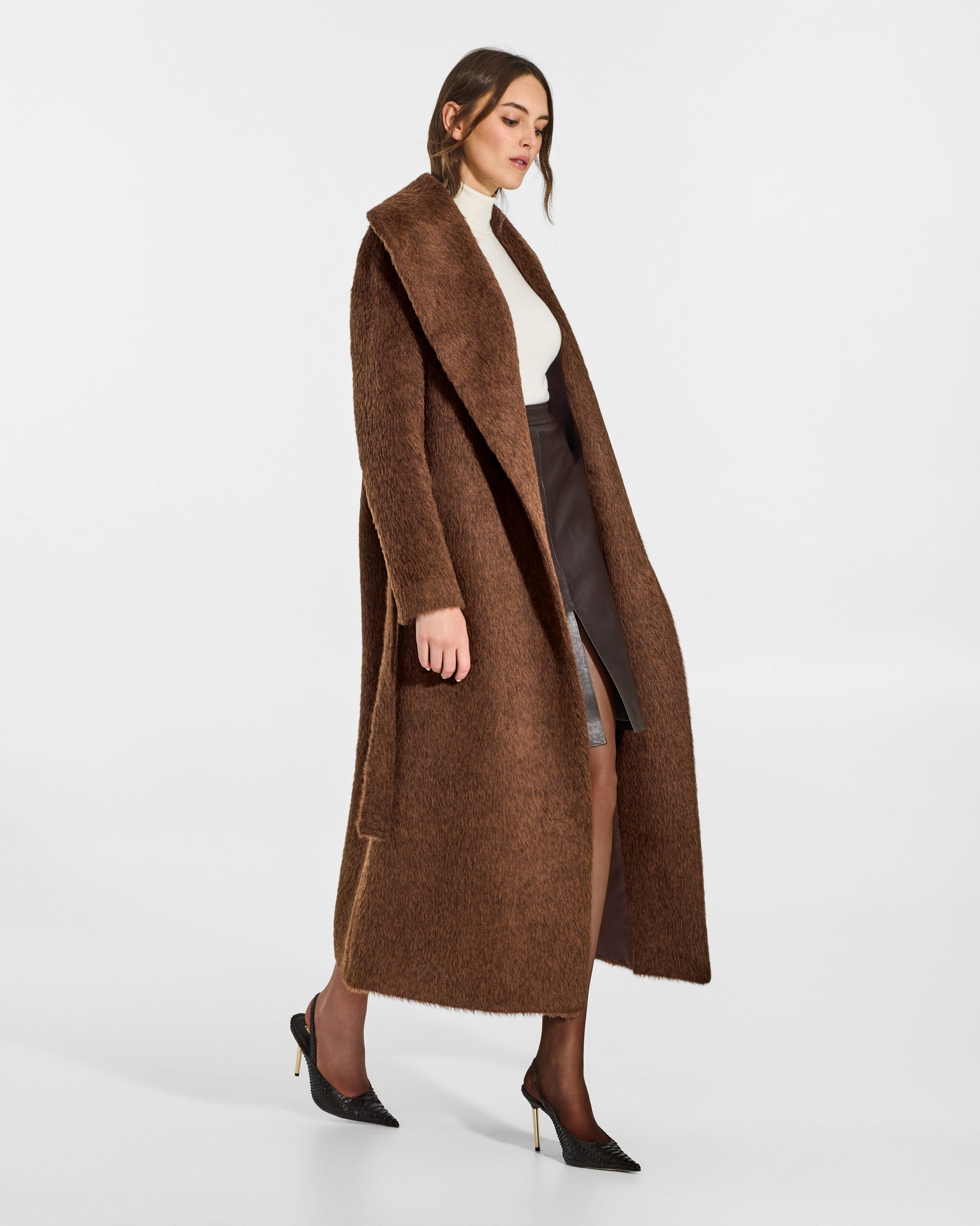 SENTALER Maxi Shawl Collar Wrap Coat in Chestnut, Textured Suri Alpaca. Worn by a female model, side view, open.