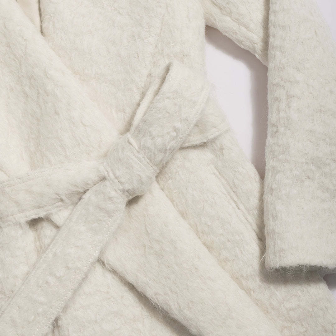SENTALER Maxi Shawl Collar Wrap Coat in Cloud White, Textured Suri Alpaca. Flat lay, close-up garment, belted.