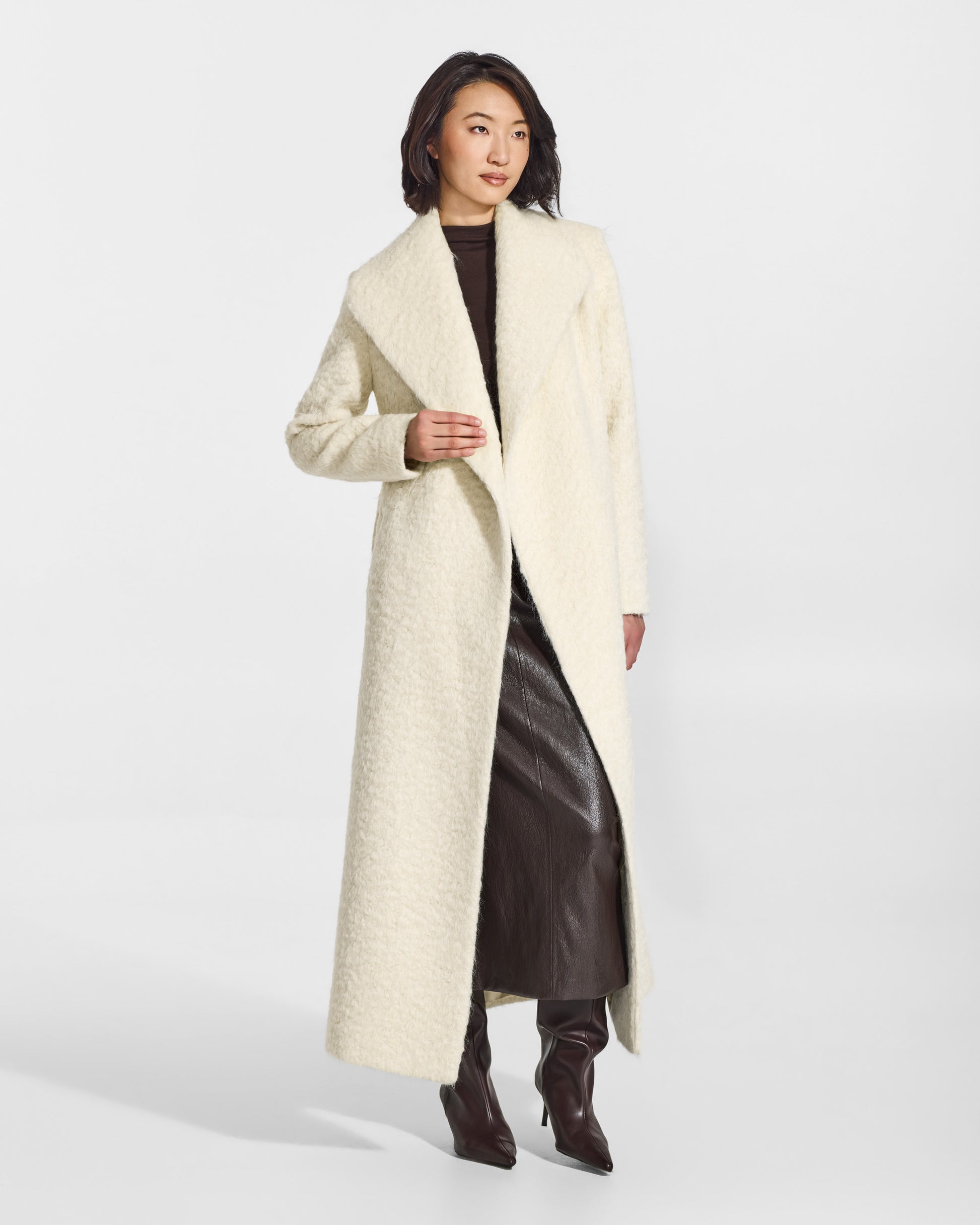 SENTALER Maxi Shawl Collar Wrap Coat in Cloud White, Textured Suri Alpaca. Worn by a female model, front view, open.