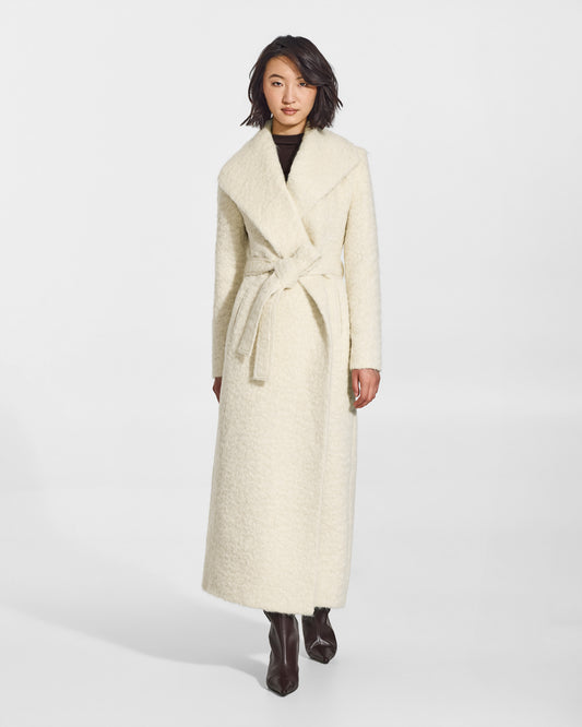 SENTALER Maxi Shawl Collar Wrap Coat in Cloud White, Textured Suri Alpaca. Worn by a female model, front view, belted.