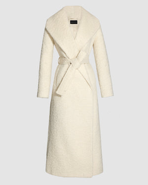 SENTALER Maxi Shawl Collar Wrap Coat in Cloud White, Textured Suri Alpaca. Off-figure, belted.