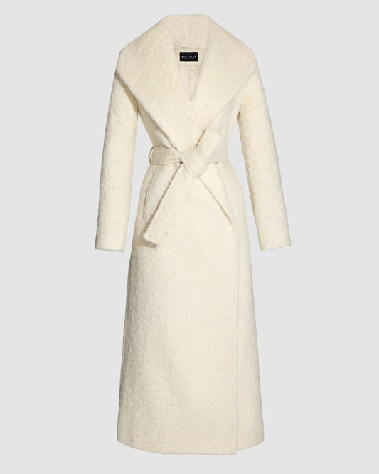 SENTALER Maxi Shawl Collar Wrap Coat in Cloud White, Textured Suri Alpaca. Off-figure, belted.