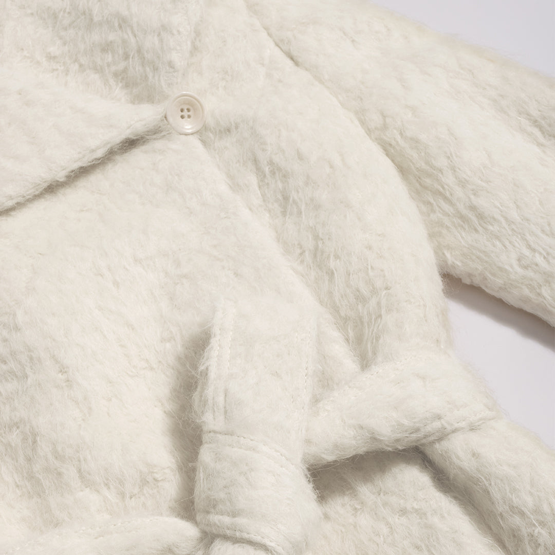 SENTALER Short Hooded Coat in Cloud White, Textured Suri Alpaca. Flat lay, full garment, belted.