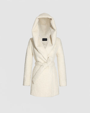 SENTALER Short Hooded Wrap Coat in Cloud White, Textured Suri Alpaca. Off-figure, belted.