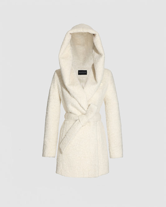 SENTALER Short Hooded Wrap Coat in Cloud White, Textured Suri Alpaca. Off-figure, belted.