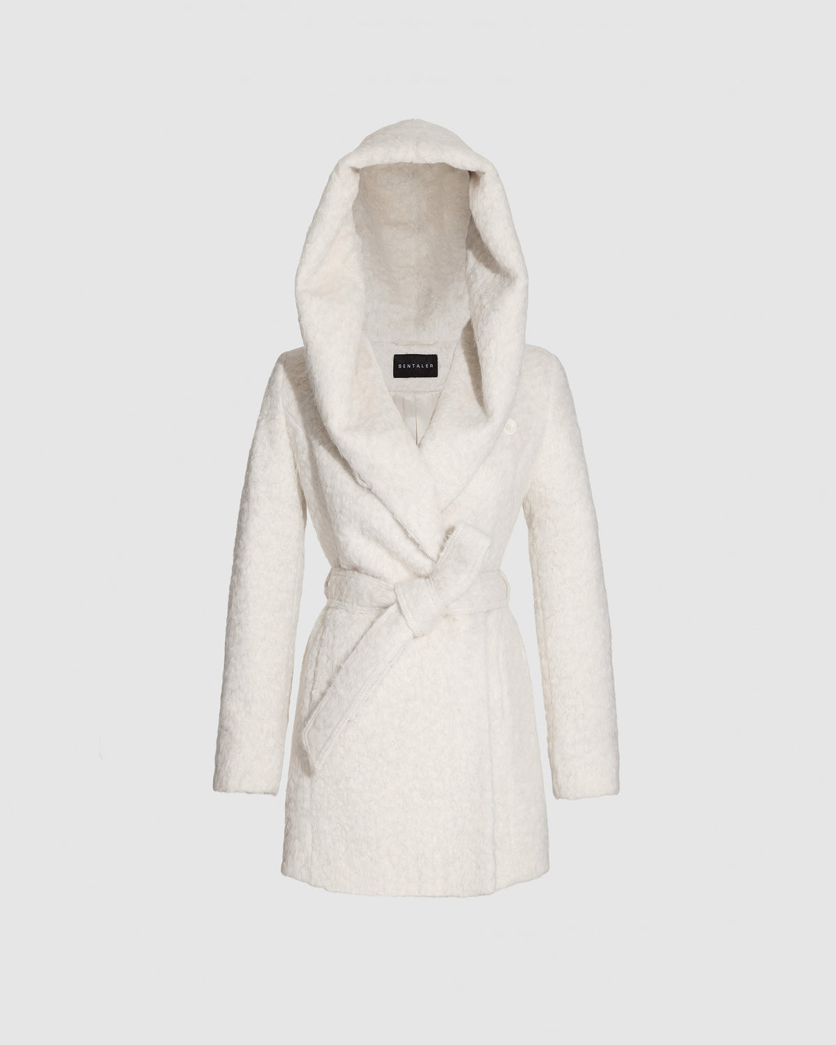 SENTALER Short Hooded Wrap Coat in Cloud White, Textured Suri Alpaca. Off-figure, belted.
