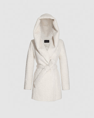 SENTALER Short Hooded Wrap Coat in Cloud White, Textured Suri Alpaca. Off-figure, belted.