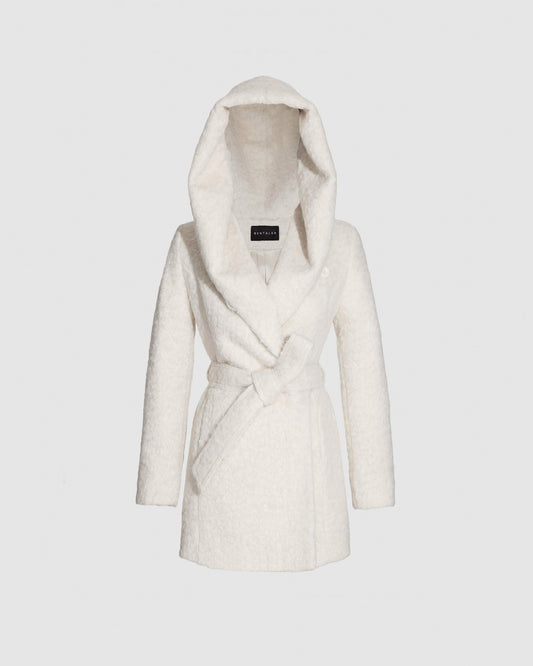 SENTALER Short Hooded Wrap Coat in Cloud White, Textured Suri Alpaca. Off-figure, belted.