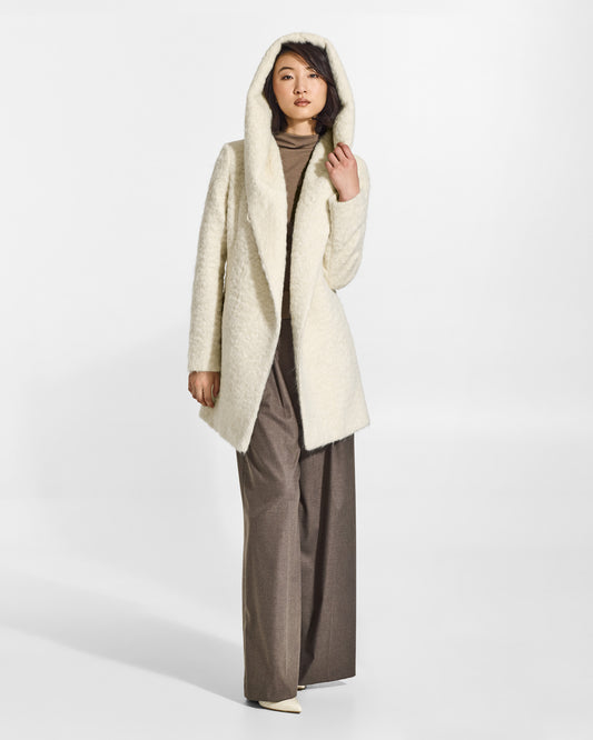 SENTALER Short Hooded Wrap Coat in Cloud White, Textured Suri Alpaca. Worn by a female model, front view, open.