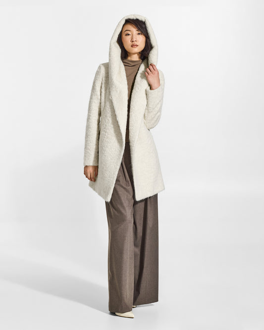 SENTALER Short Hooded Wrap Coat in Cloud White, Textured Suri Alpaca. Worn by a female model, front view, open.