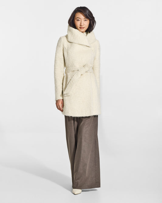 SENTALER Short Hooded Wrap Coat in Cloud White, Textured Suri Alpaca. Worn by a female model, front view, belted.