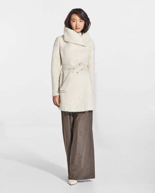 SENTALER Short Hooded Wrap Coat in Cloud White, Textured Suri Alpaca. Worn by a female model, front view, belted.