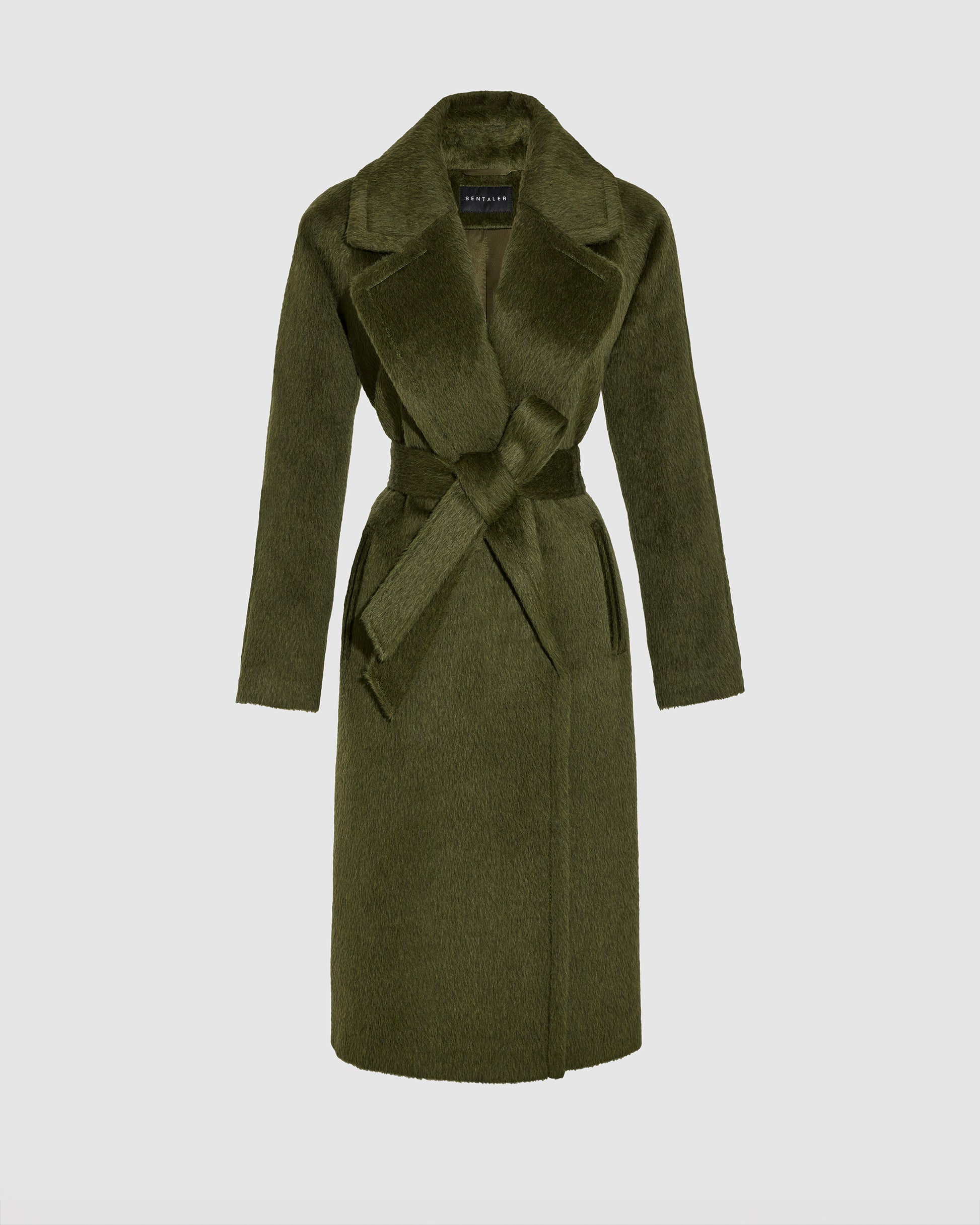 Sentaler sea kelp green notched collar coat made of textured suri alpaca wool with long raglan sleeves, belted.