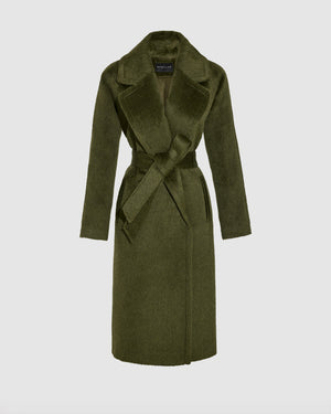 Sentaler sea kelp green notched collar coat made of textured suri alpaca wool with long raglan sleeves, belted.