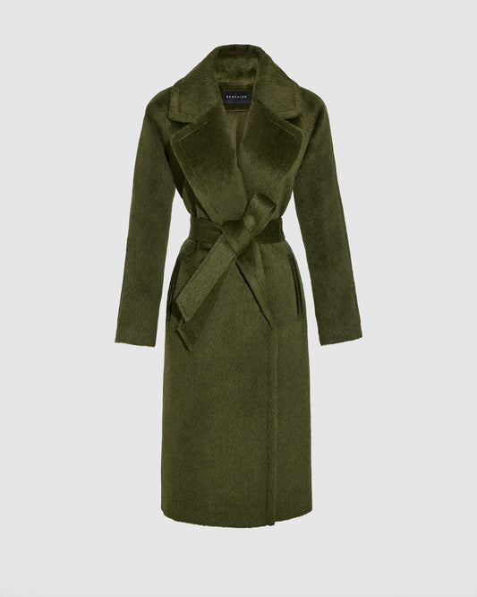 Sentaler sea kelp green notched collar coat made of textured suri alpaca wool with long raglan sleeves, belted.
