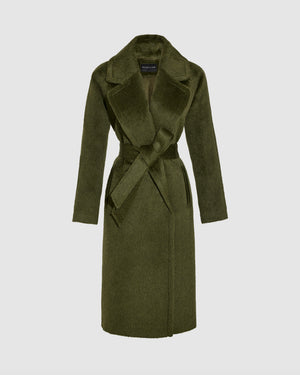 SENTALER Raglan Sleeve Notched Collar Coat in Sea Kelp Green, Textured Suri Alpaca — off-figure, worn belted.