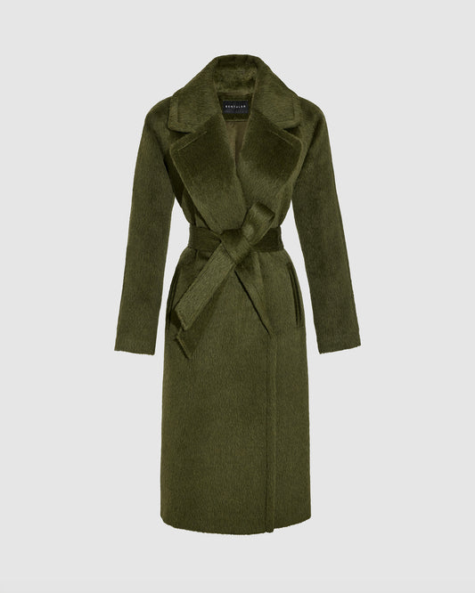 SENTALER Raglan Sleeve Notched Collar Coat in Sea Kelp Green, Textured Suri Alpaca — off-figure, worn belted.