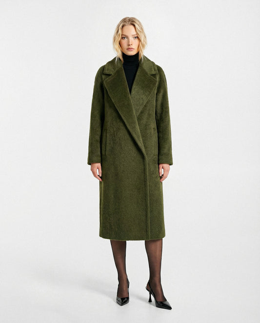 SENTALER Raglan Sleeve Notched Collar Coat in Sea Kelp Green, Textured Suri Alpaca — worn by a female model, front view, open.