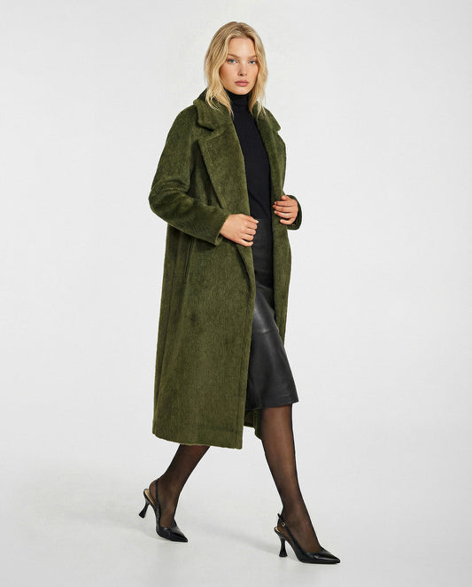 SENTALER Raglan Sleeve Notched Collar Coat in Sea Kelp Green, Textured Suri Alpaca — worn by a female model, side view, open.
