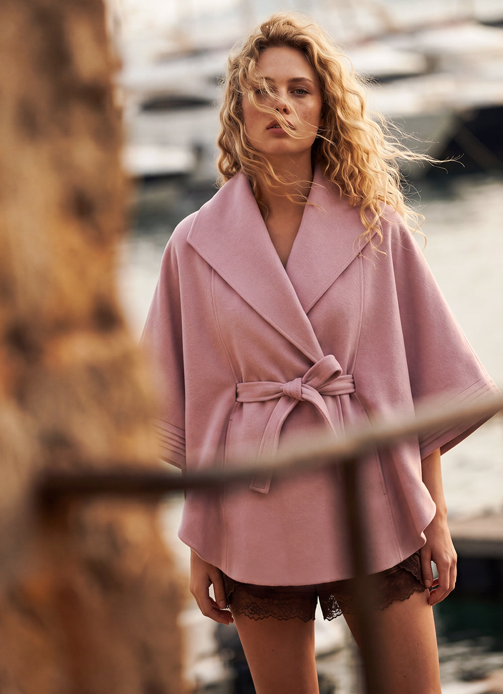 SENTALER Cape with Shawl Collar and Belt in Pink Frost, Baby Alpaca — worn by a female model, front view, belted.