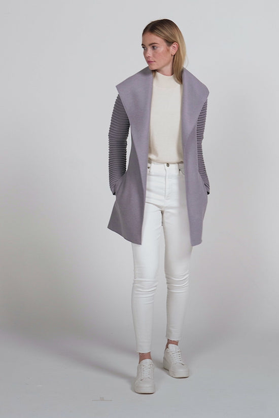 Sentaler Wrap Coat with Ribbed Sleeves featured in Superfine Alpaca and available in Gull Grey. Seen as product video.