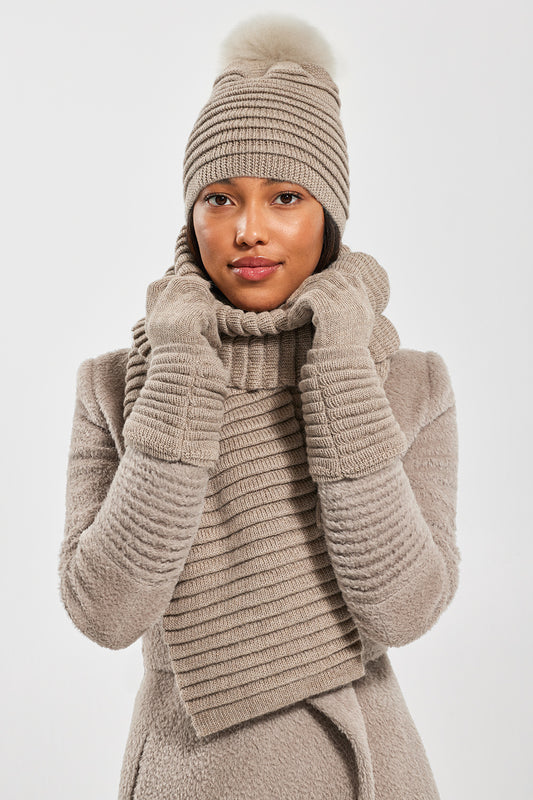 Sentaler Adult Ribbed Gloves featured in Baby Alpaca and available in Light Taupe. Seen from front.