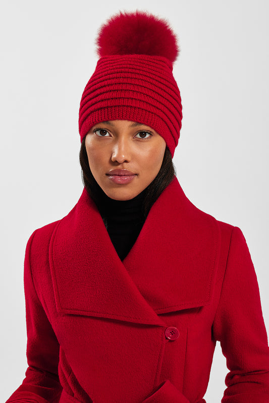 Sentaler Adult Ribbed Hat With Oversized Fur Pompon featured in Baby Alpaca and available in Red. Seen from front.