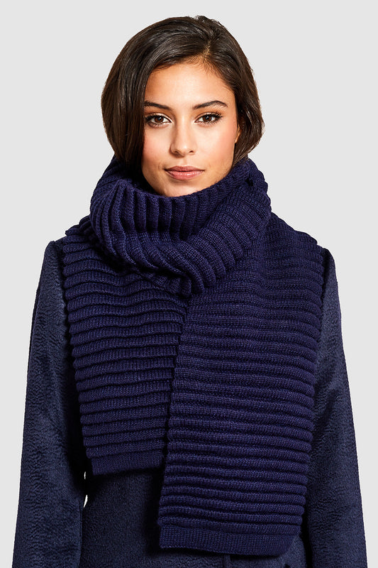Sentaler Adult Ribbed Scarf featured in Baby Alpaca and available in Navy. Seen from front.