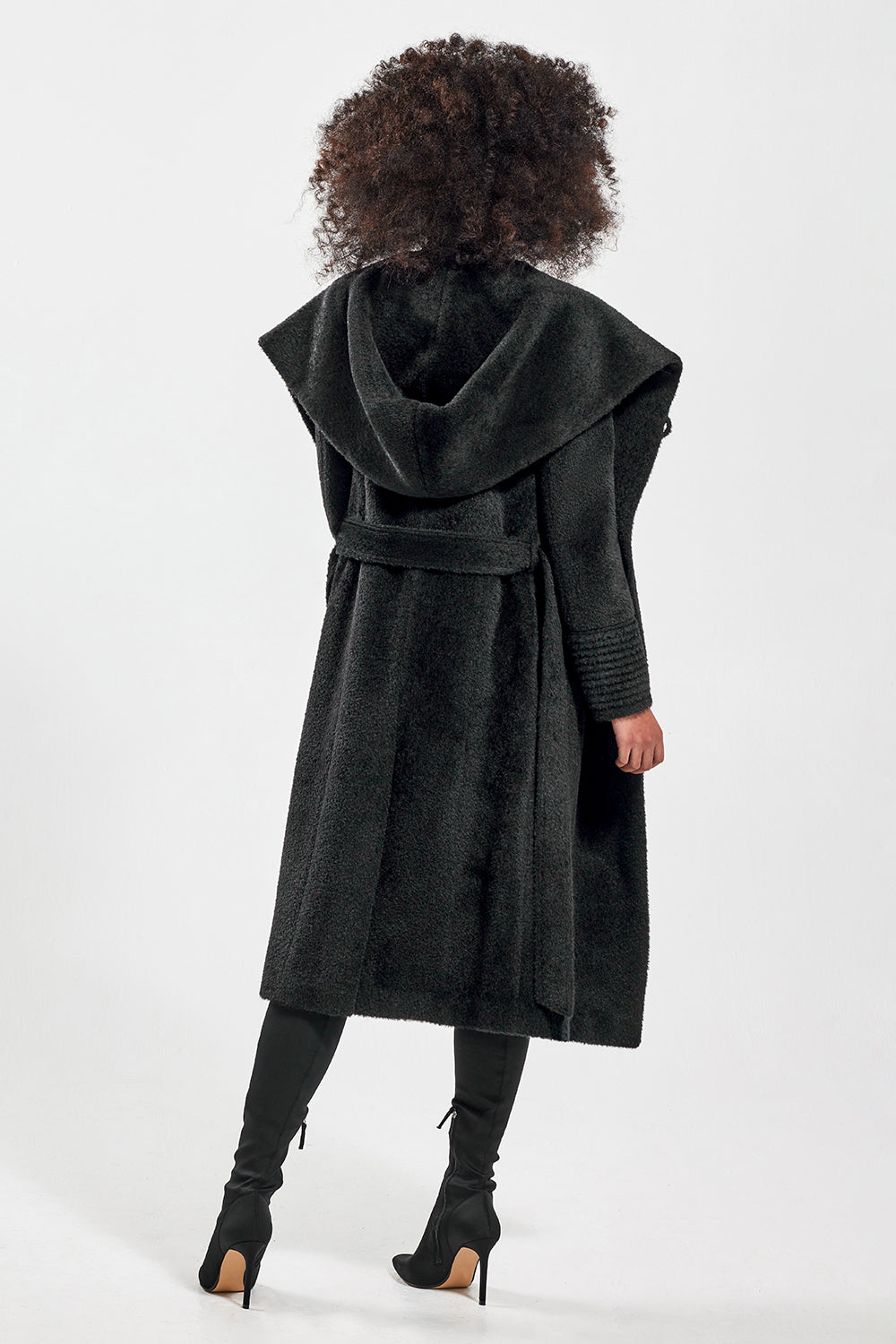 SENTALER Women's Hooded Alpaca Wrap Coat - Black - Size Small