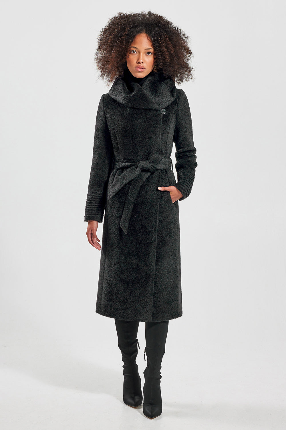 SENTALER Women's Hooded Alpaca Wrap Coat - Black - Size Small