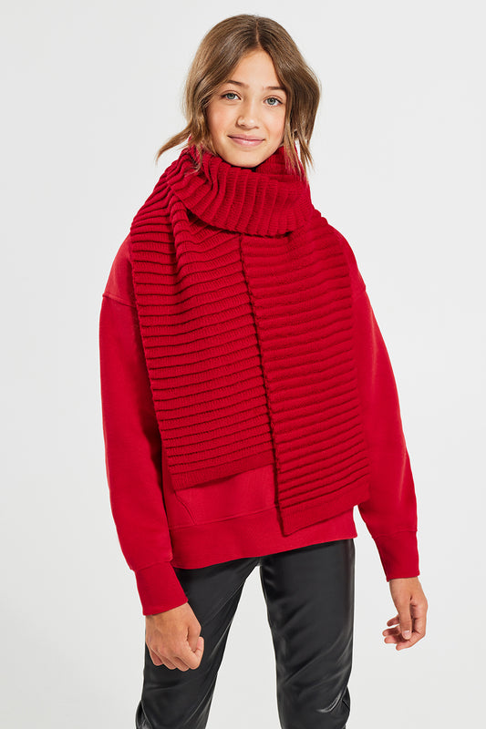Sentaler Kids (6-14 Years) Ribbed Scarf featured in Baby Alpaca and available in Red. Seen from front.