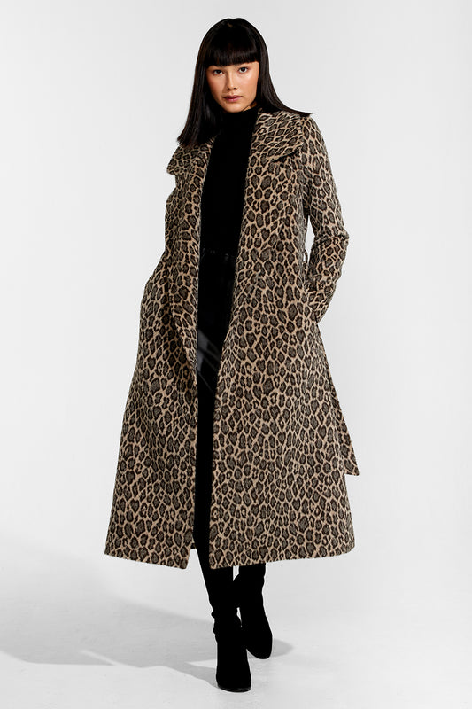 Sentaler Leopard Alpaca Long Notched Collar Wrap Coat featured in Suri Alpaca and available in Leopard. Seen from front open.